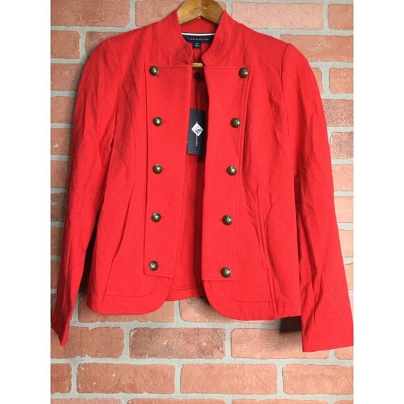 Tommy Hilfiger Womens Band Jacket Red Button-Trim Open Front Cardigan Blazer - Picture 3 of 6